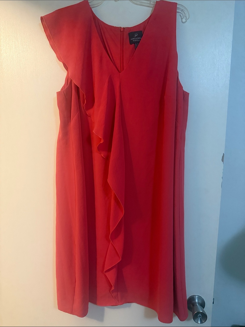 Adrianna Papell coral-red sleeveless ruffle-front midi dress